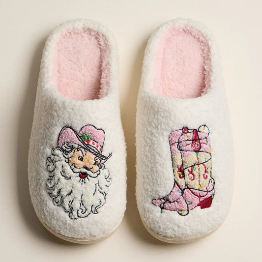 Plush Holiday Slippers with Embroidered Cowboy Santa and Classic Boot