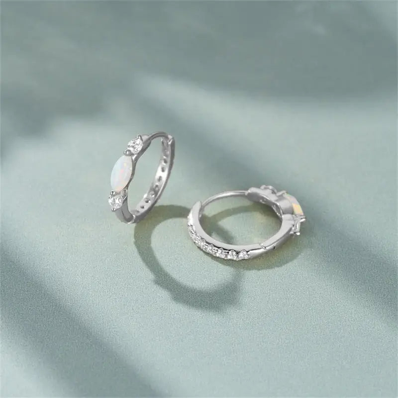 Dainty Oval Opal Huggie Hoop Earrings